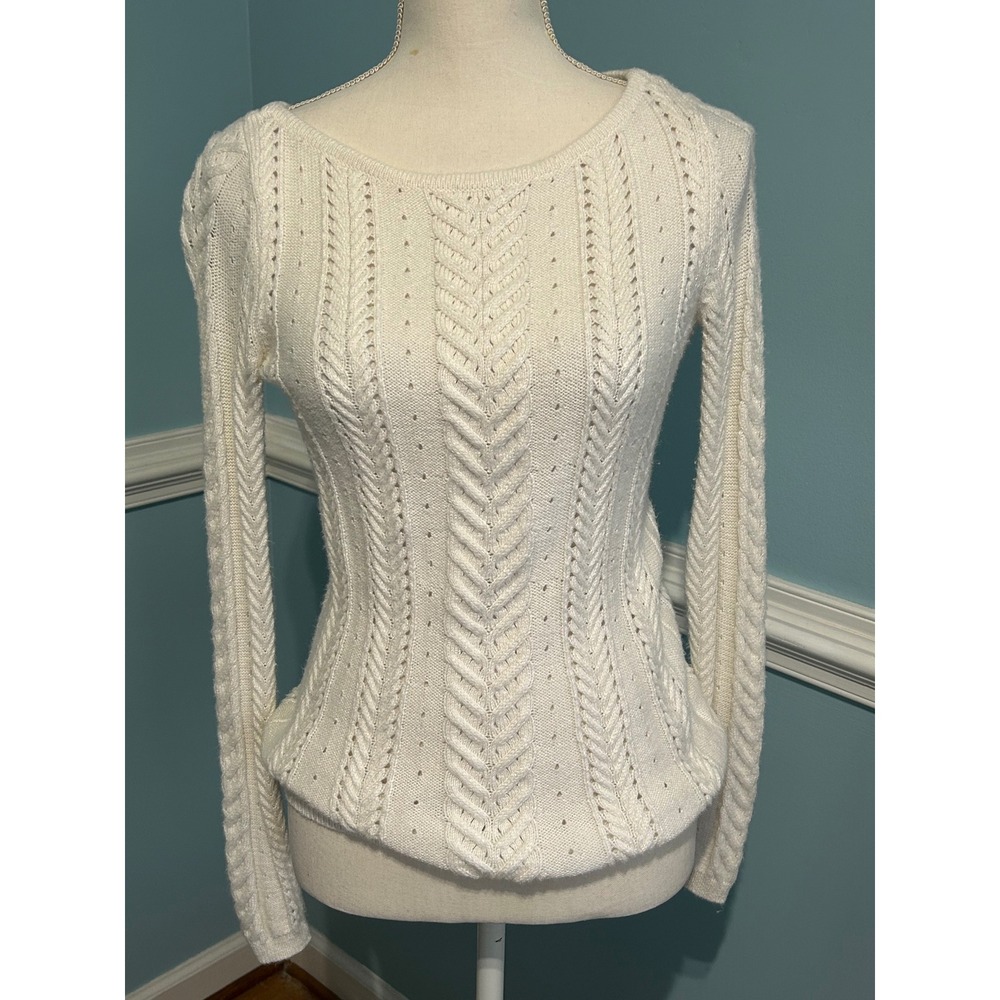 White House Black Market Cream Cable Knit Pointelle Sweater XS Long Sleeve